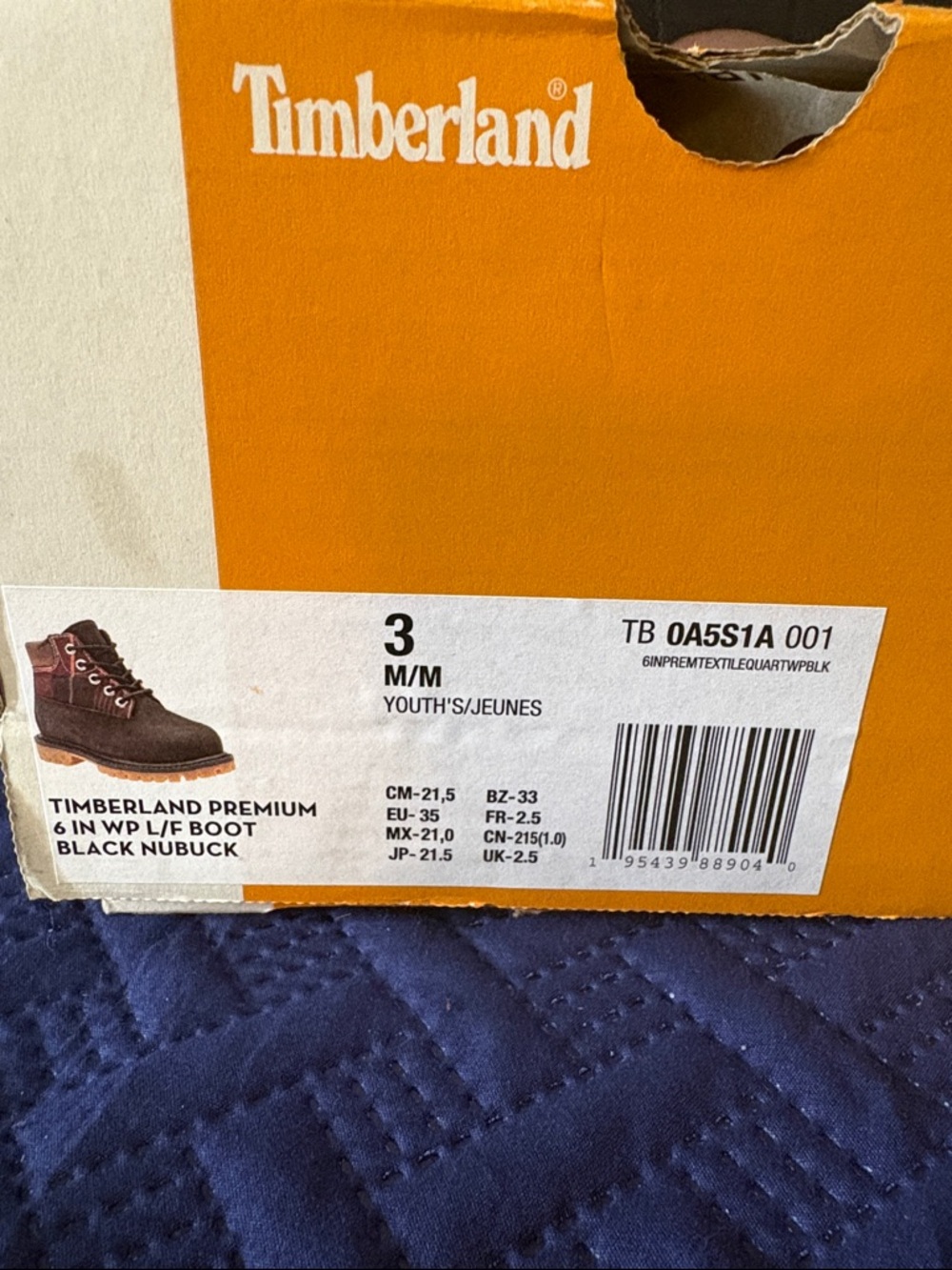 Timberland Black Nubuck Kids 6-Inch Boots with Brown Accents